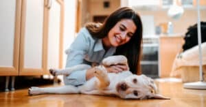 young female owner petting puppy as it lays on the floor at home